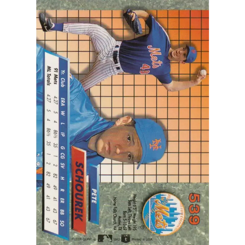 1992 Fleer Ultra #539 Pete Schourek NM-MT New York Mets Baseball Card - Baseball Card Single