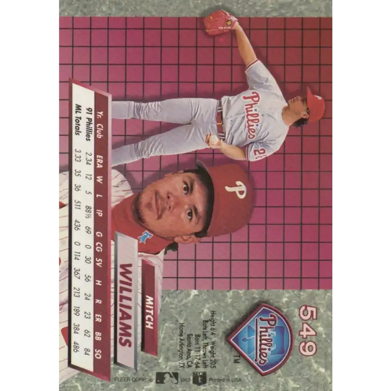 1992 Fleer Ultra #549 Mitch Williams NM-MT Philadelphia Phillies Baseball Card - Baseball Card Single