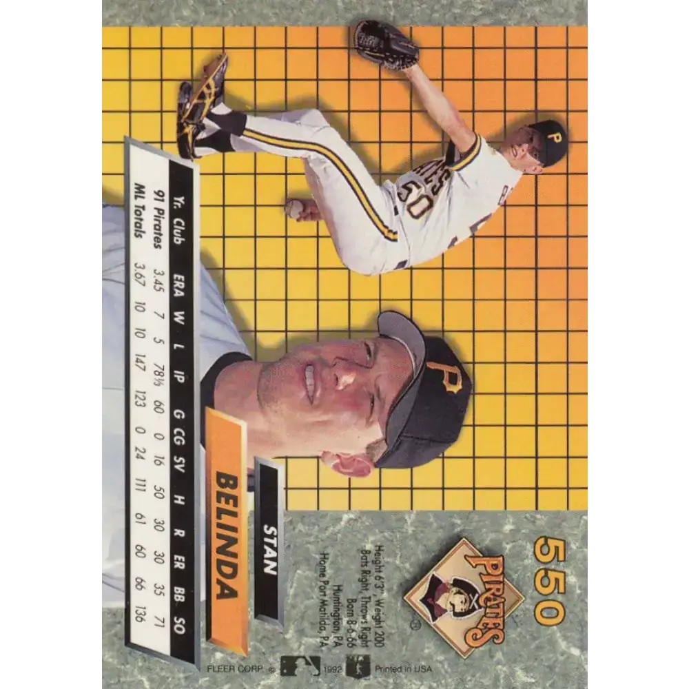 1992 Fleer Ultra #550 Stan Belinda NM-MT Pittsburgh Pirates Baseball Card - Baseball Card Single