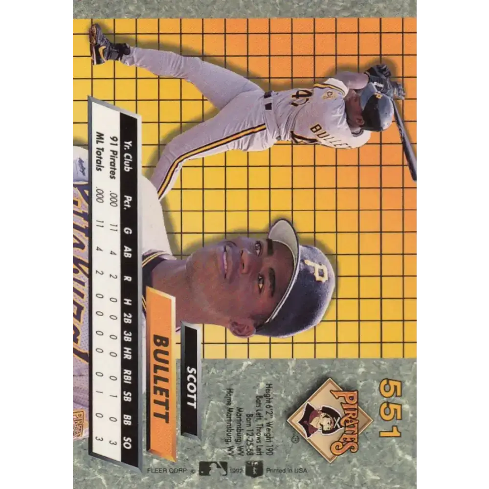 1992 Fleer Ultra #551 Scott Bullett NM-MT RC Rookie Pittsburgh Pirates Baseball Card - Baseball Card Single