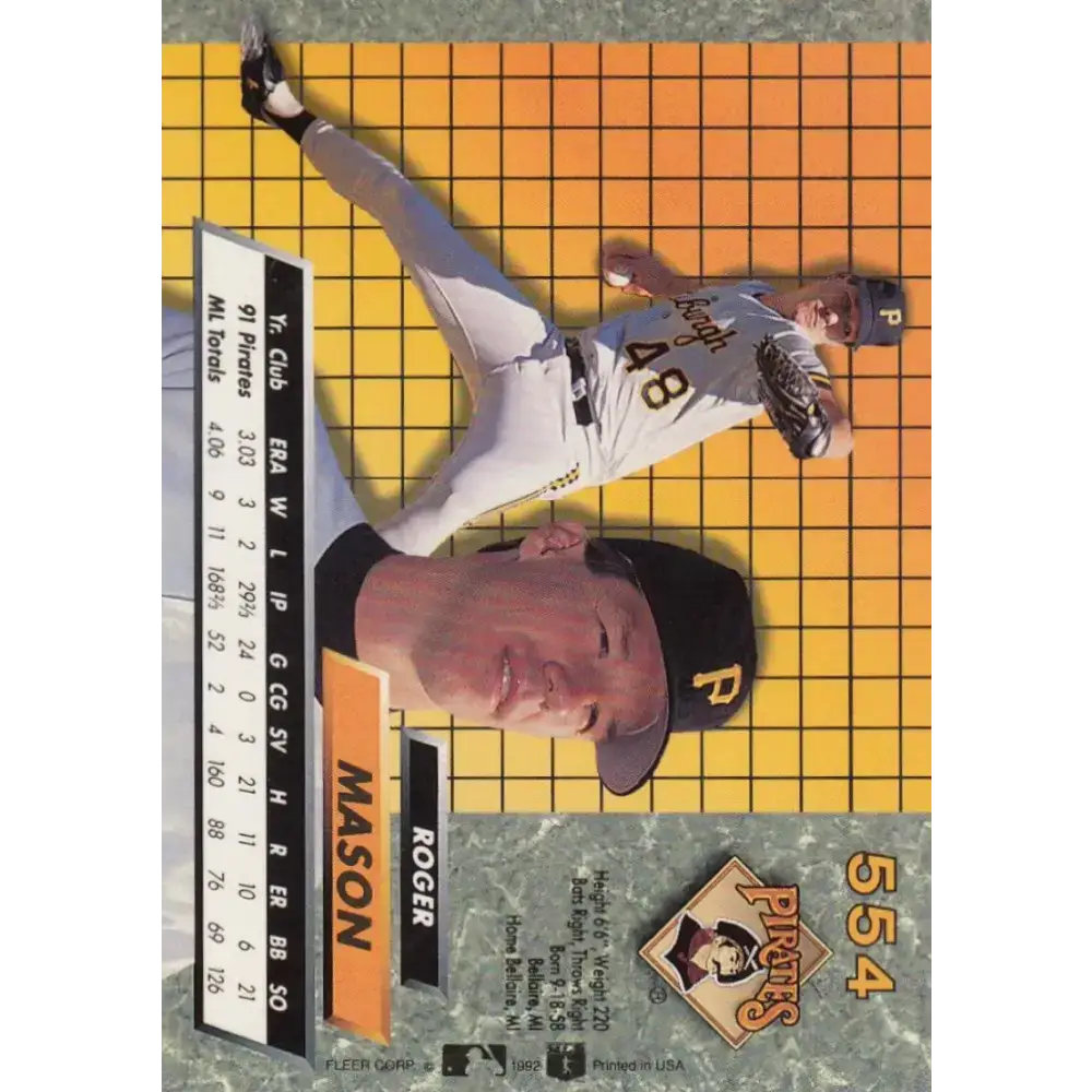 1992 Fleer Ultra #554 Roger Mason NM-MT Pittsburgh Pirates Baseball Card - Baseball Card Single