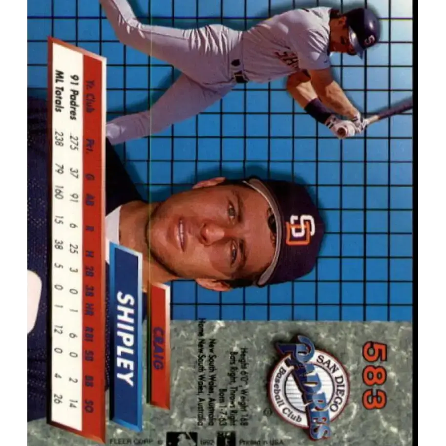 1992 Fleer Ultra #583 Craig Shipley NM-MT San Diego Padres Baseball Card - Baseball Card Single