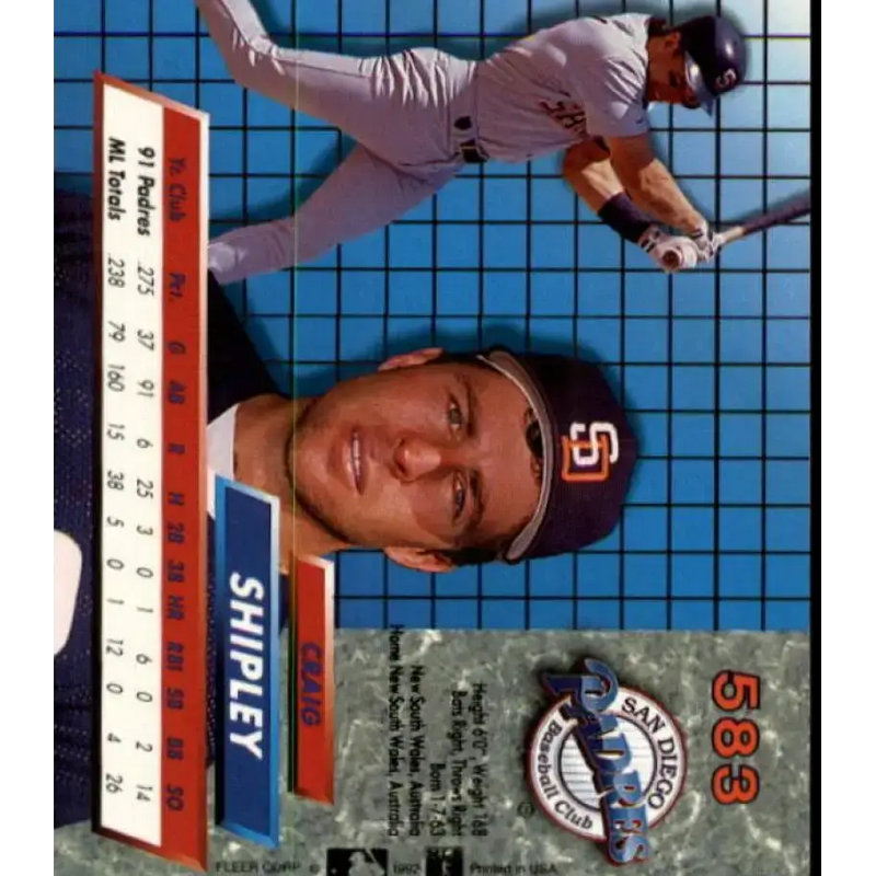 1992 Fleer Ultra #583 Craig Shipley NM-MT San Diego Padres Baseball Card - Baseball Card Single