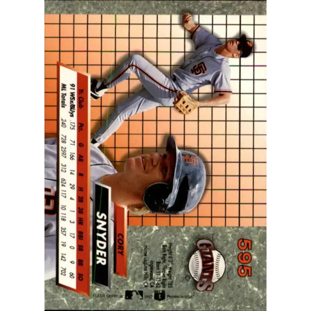 1992 Fleer Ultra #595 Cory Snyder NM-MT San Francisco Giants Baseball Card - Baseball Card Single
