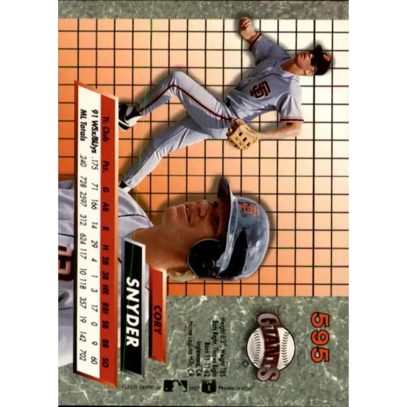 1992 Fleer Ultra #595 Cory Snyder NM-MT San Francisco Giants Baseball Card - Baseball Card Single
