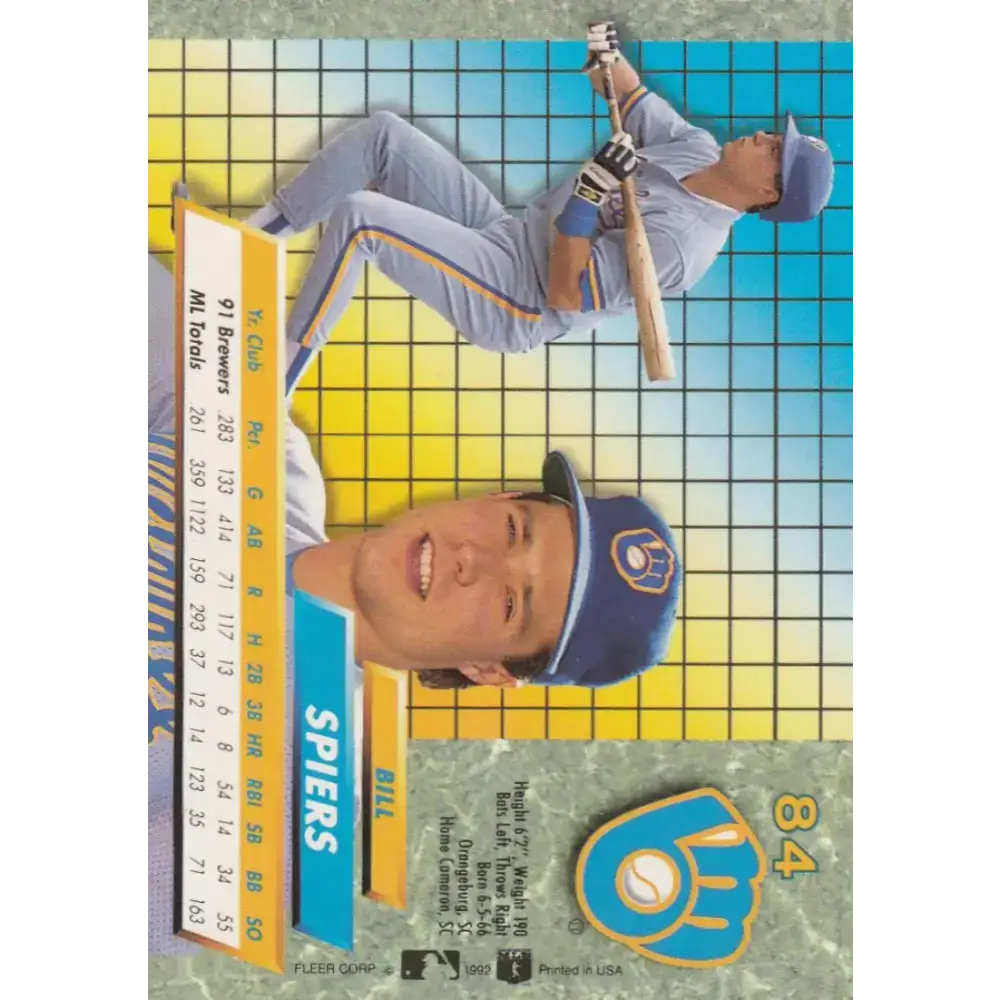 1992 Fleer Ultra #84 Bill Spiers NM-MT Milwaukee Brewers Baseball Card - Baseball Card Single