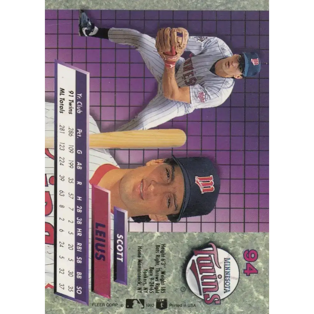 1992 Fleer Ultra #94 Scott Leius NM-MT Minnesota Twins Baseball Card - Baseball Card Single