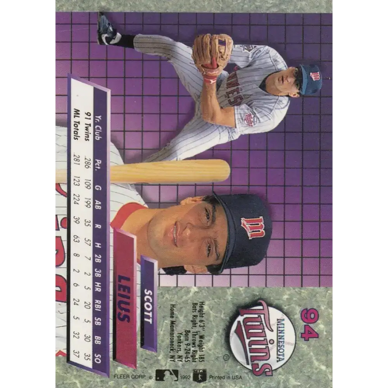 1992 Fleer Ultra #94 Scott Leius NM-MT Minnesota Twins Baseball Card - Baseball Card Single