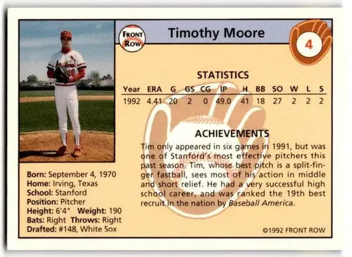 Original gloss 1992 Front Row Draft Picks Tim Moore baseball card Near Mint ID 43793
