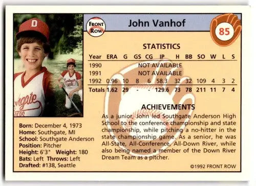 1992 Front Row Draft Picks baseball card featuring John Vanhof in near mint condition