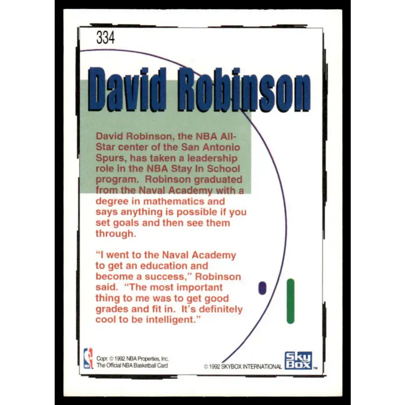 1992 Hoops #334 David Robinson NM/MT San Antonio Spurs Basketball Card - Basketball Card Single