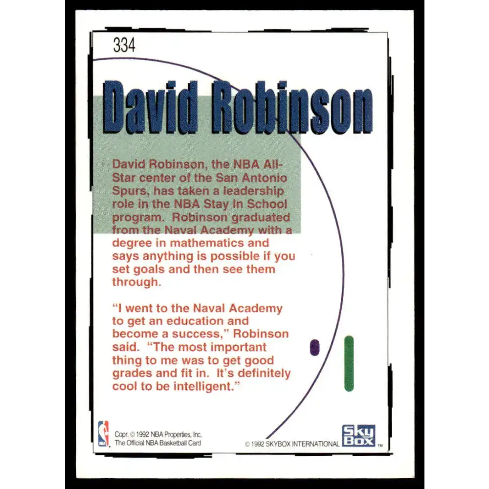 1992 Hoops #334 David Robinson NM/MT San Antonio Spurs Basketball Card - Basketball Card Single