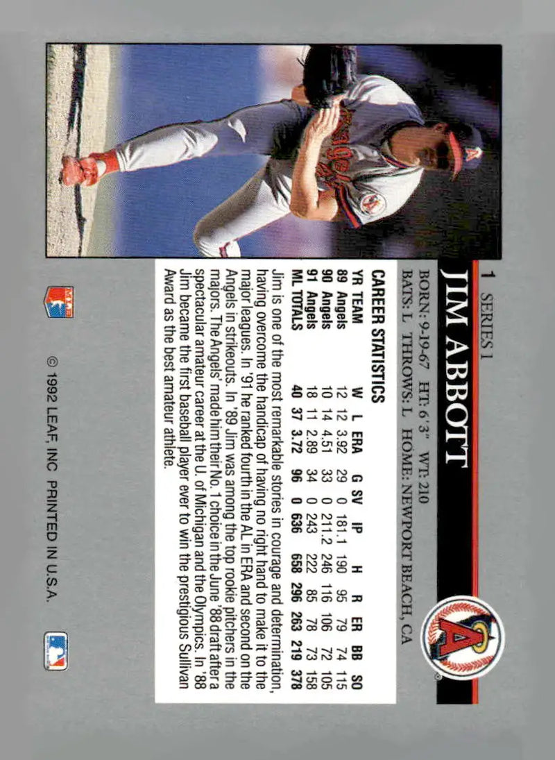 1992 Leaf #1 Jim Abbott - Baseball Card Single
