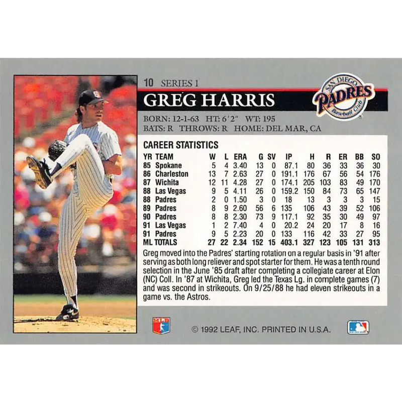 1992 Leaf #10 Greg Harris NM-MT San Diego Padres Baseball Card - Baseball Card Single