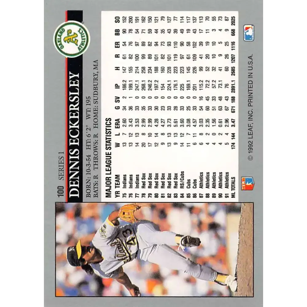 1992 Leaf #100 Dennis Eckersley NM-MT Oakland Athletics Baseball Card - Baseball Card Single