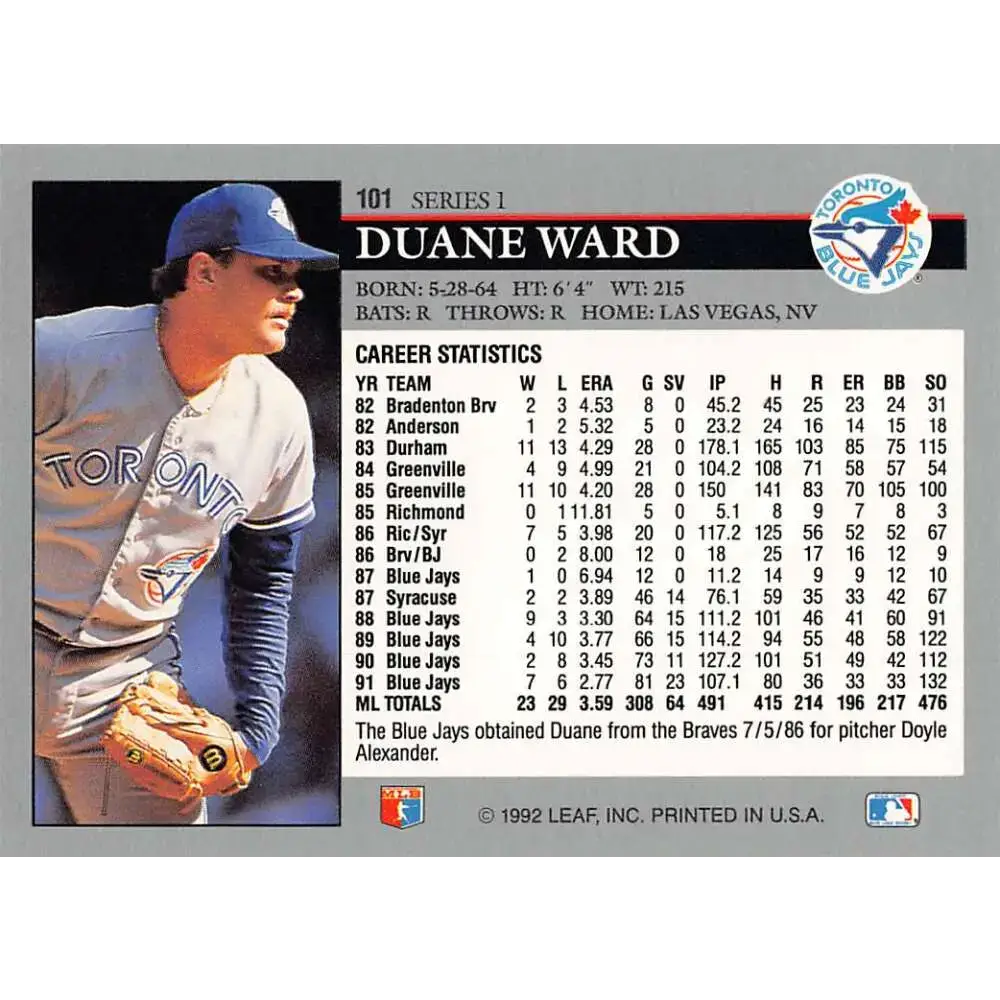 1992 Leaf #101 Duane Ward NM-MT Toronto Blue Jays Baseball Card - Baseball Card Single