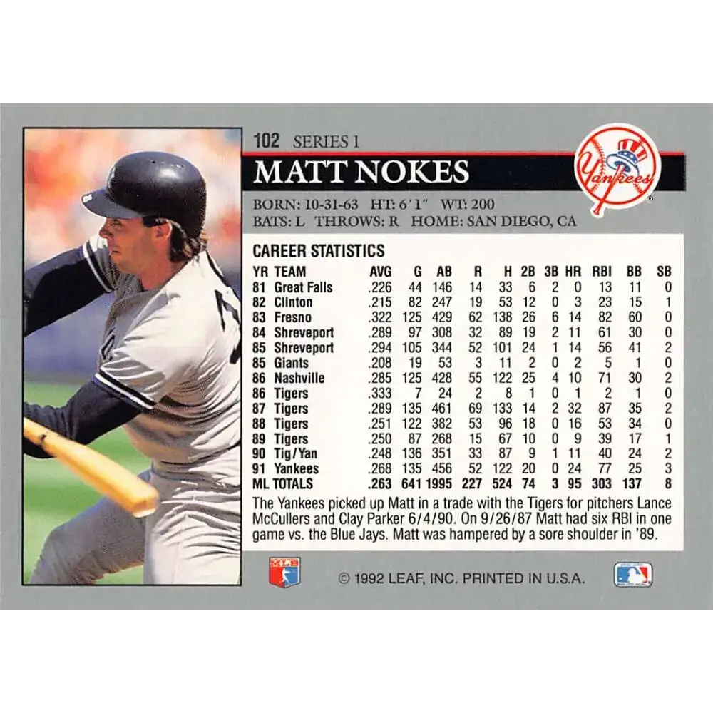 1992 Leaf #102 Matt Nokes NM-MT New York Yankees Baseball Card - Baseball Card Single