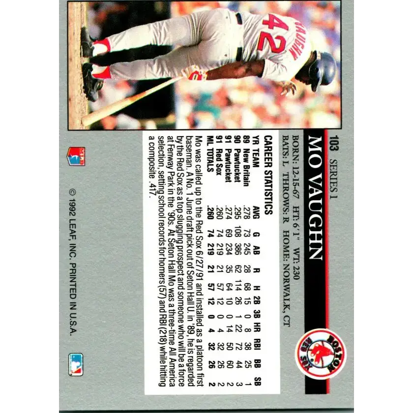 1992 Leaf #103 Mo Vaughn NM-MT Boston Red Sox Baseball Card - Baseball Card Single