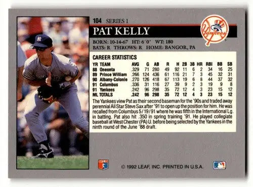 1992 Leaf #104 Pat Kelly New York Yankees Baseball Cards NM Near Min ID:64361 - Baseball Card Single
