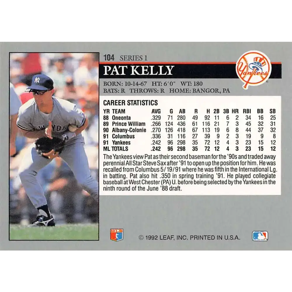 1992 Leaf #104 Pat Kelly NM-MT New York Yankees Baseball Card - Baseball Card Single