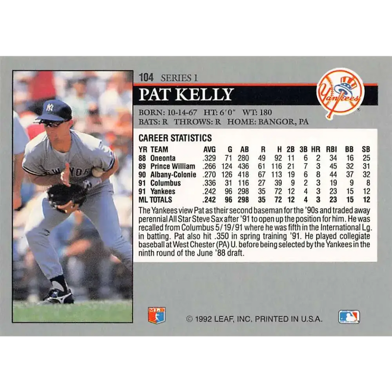1992 Leaf #104 Pat Kelly NM-MT New York Yankees Baseball Card - Baseball Card Single