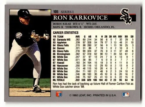 1992 Leaf #105 Ron Karkovice Chicago White Sox Baseball Cards NM Nea ID:64440 - Baseball Card Single