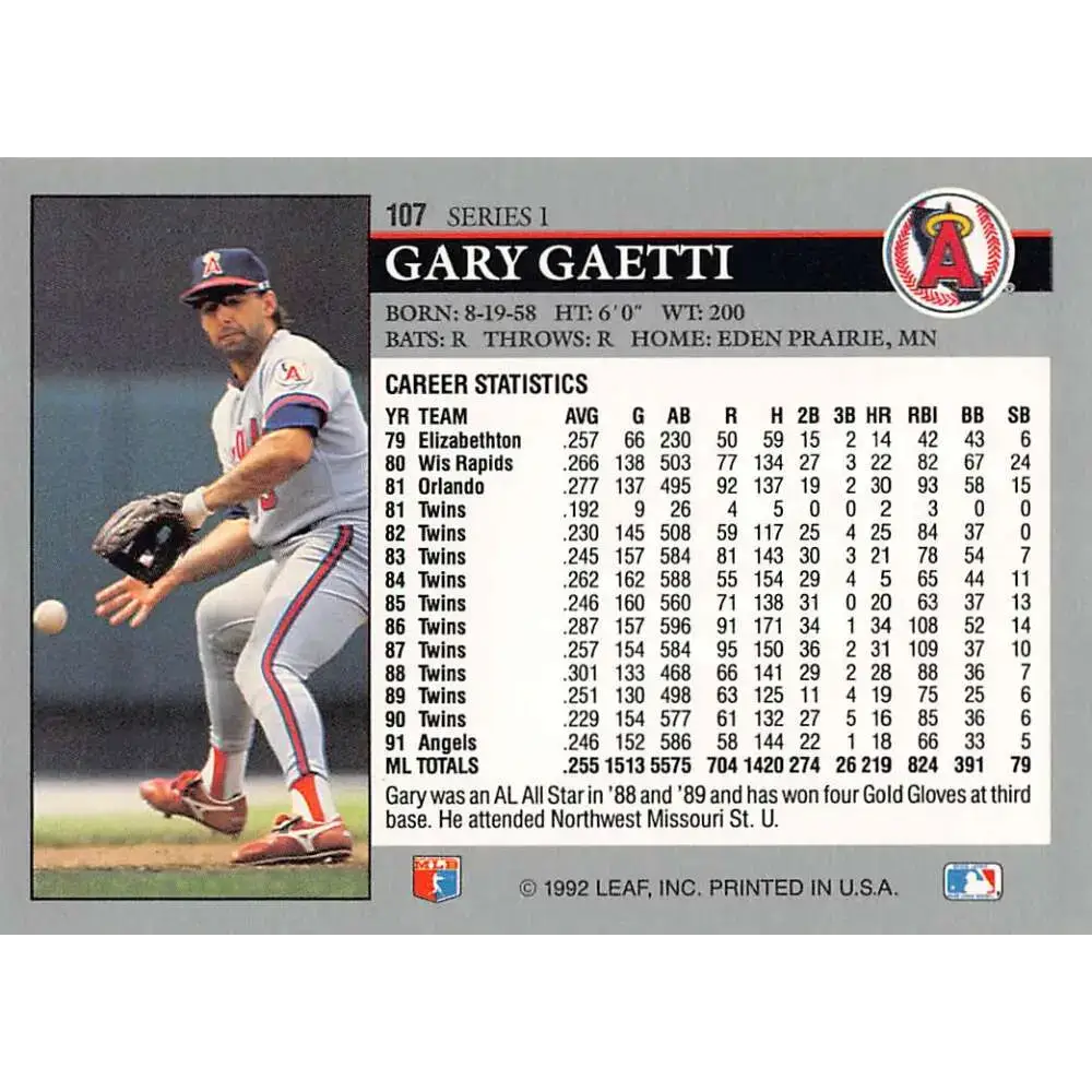 1992 Leaf #107 Gary Gaetti NM-MT California Angels Baseball Card - Baseball Card Single
