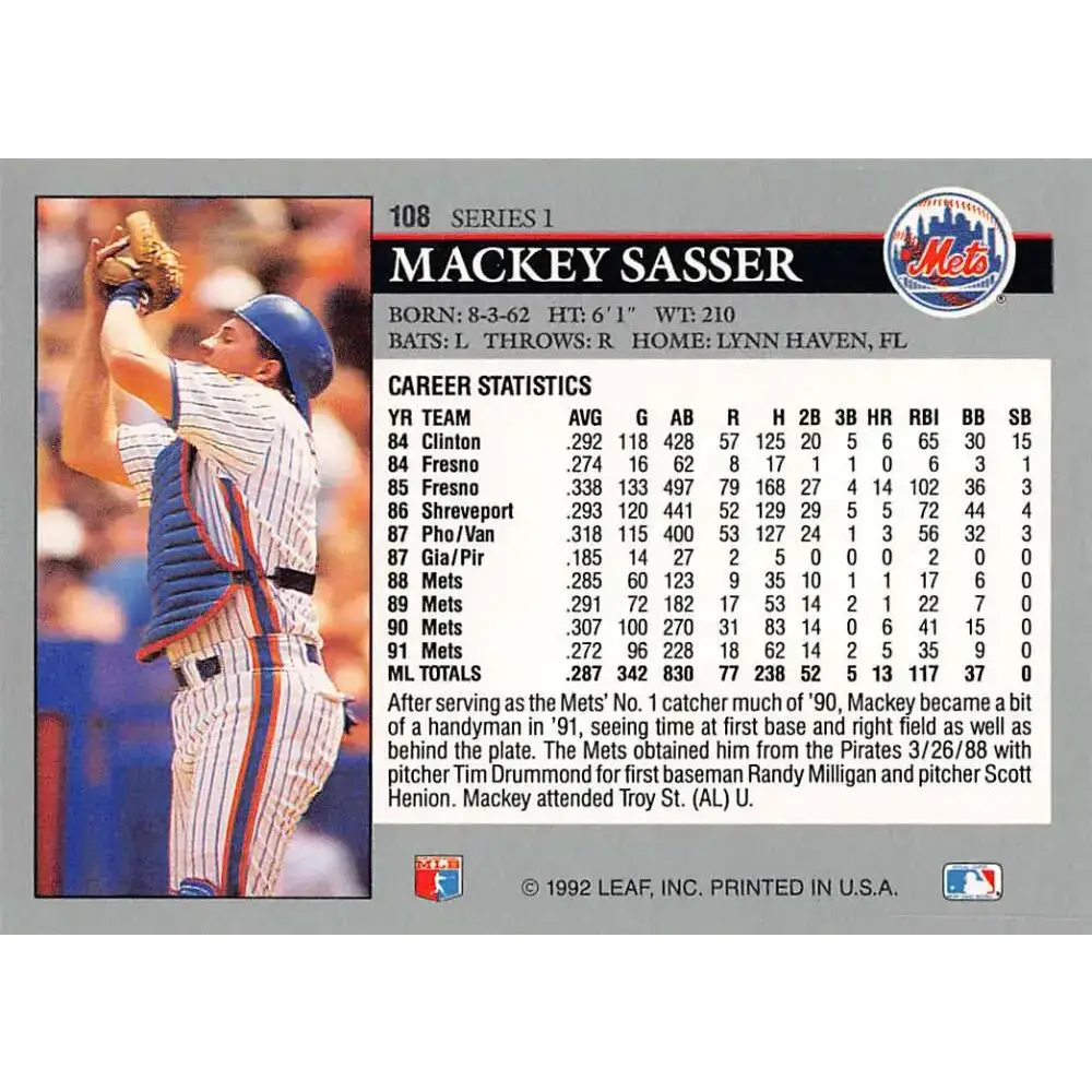 1992 Leaf #108 Mackey Sasser NM-MT New York Mets Baseball Card - Baseball Card Single