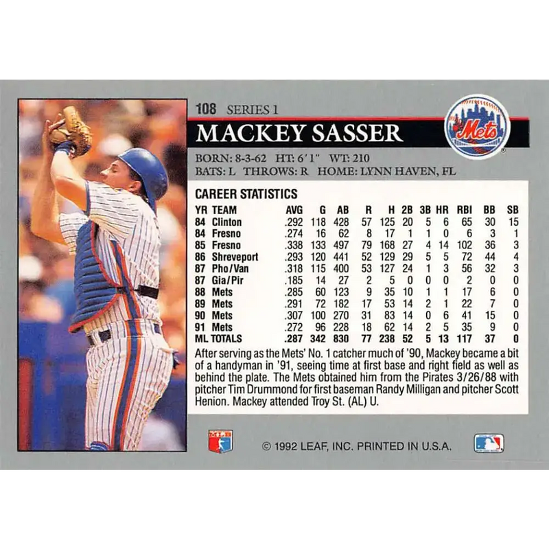 1992 Leaf #108 Mackey Sasser NM-MT New York Mets Baseball Card - Baseball Card Single