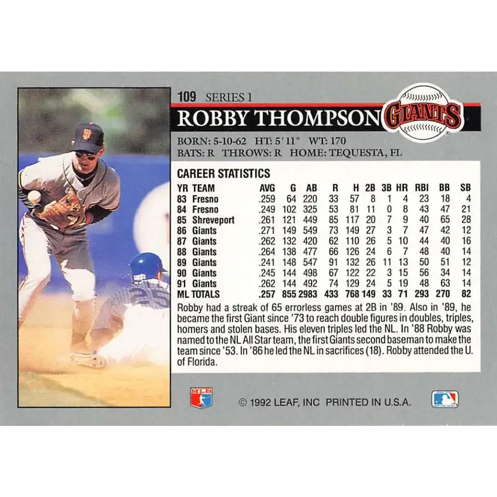 1992 Leaf #109 Robby Thompson NM-MT San Francisco Giants Baseball Card - Baseball Card Single