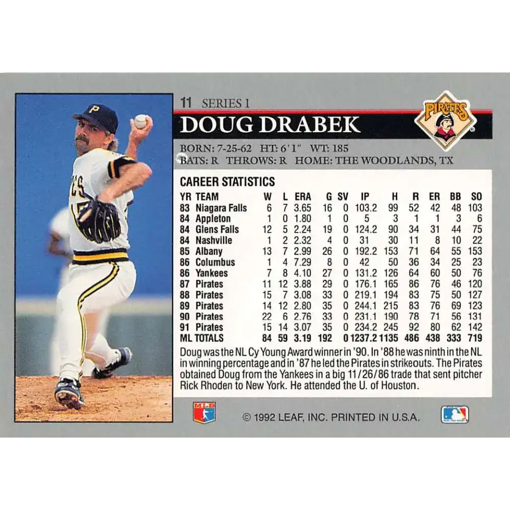 1992 Leaf #11 Doug Drabek NM-MT Pittsburgh Pirates Baseball Card - Baseball Card Single