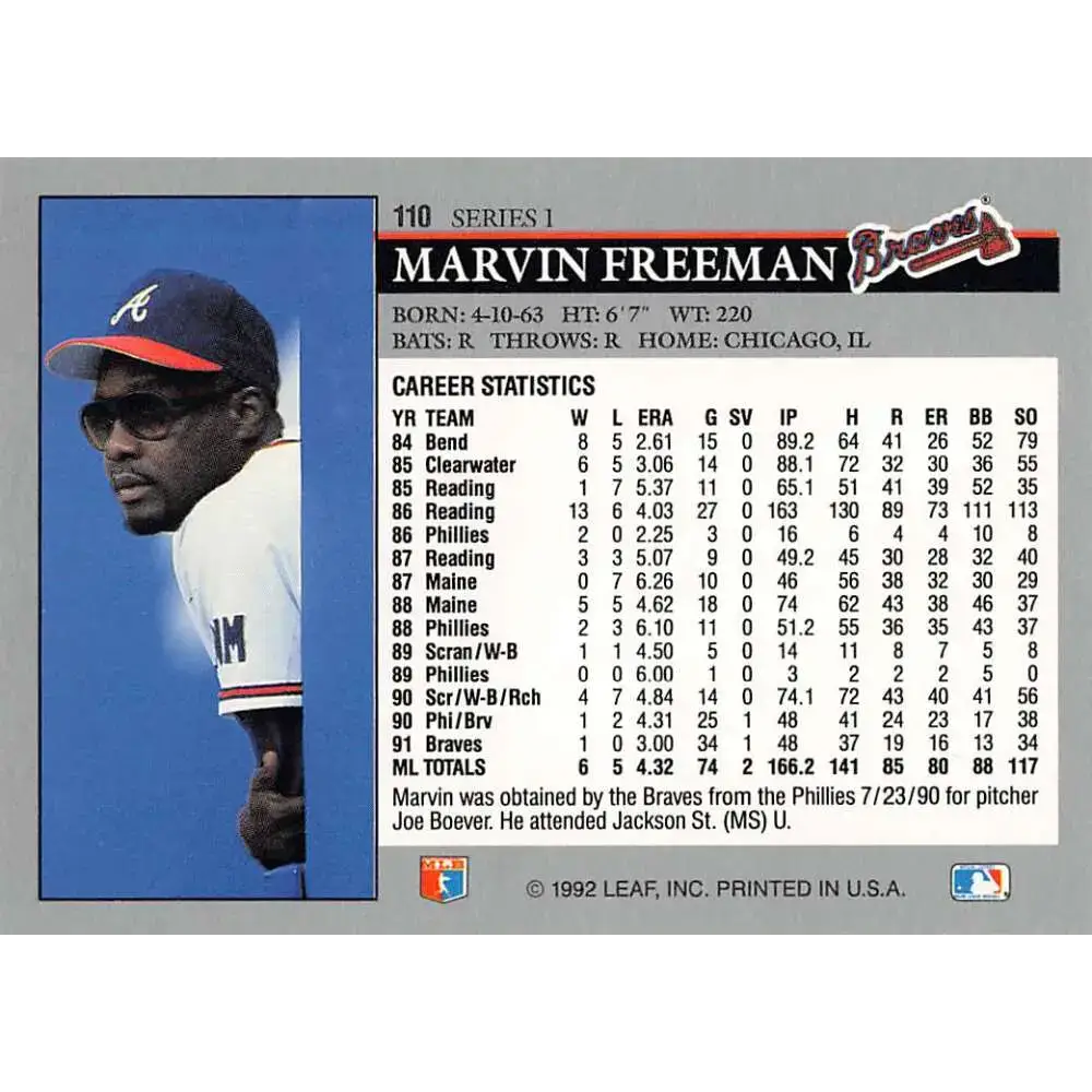 1992 Leaf #110 Marvin Freeman NM-MT Atlanta Braves Baseball Card - Baseball Card Single