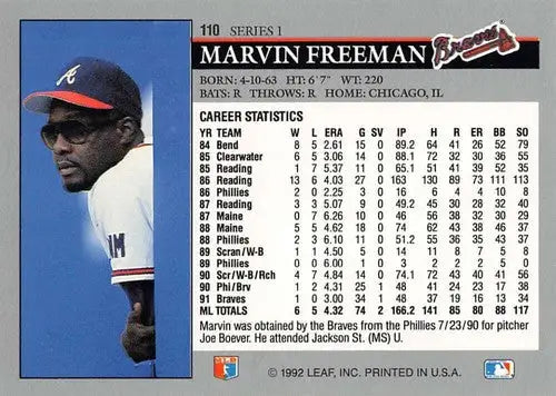 Original gloss Marvin Freeman baseball card 1992 Leaf NM-MT Braves ID 71571