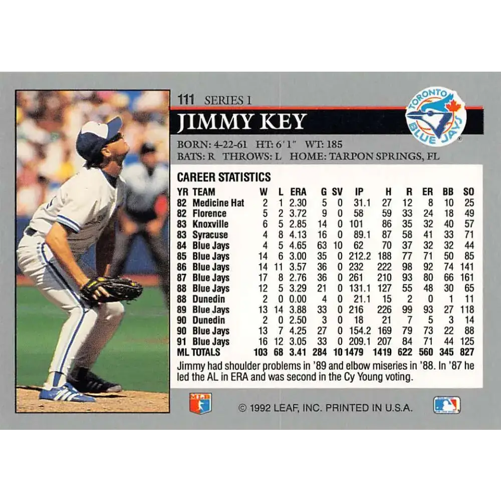 1992 Leaf #111 Jimmy Key NM-MT Toronto Blue Jays Baseball Card - Baseball Card Single