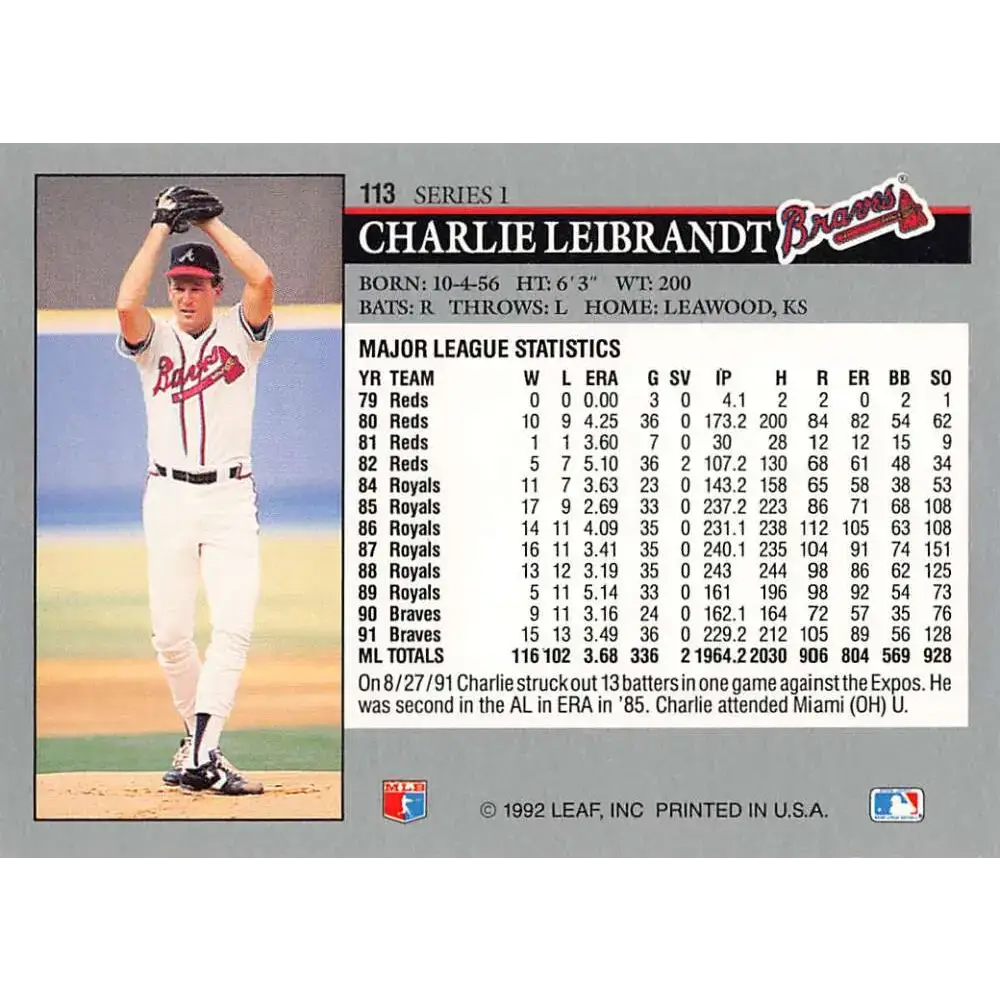 1992 Leaf #113 Charlie Leibrandt NM-MT Atlanta Braves Baseball Card - Baseball Card Single