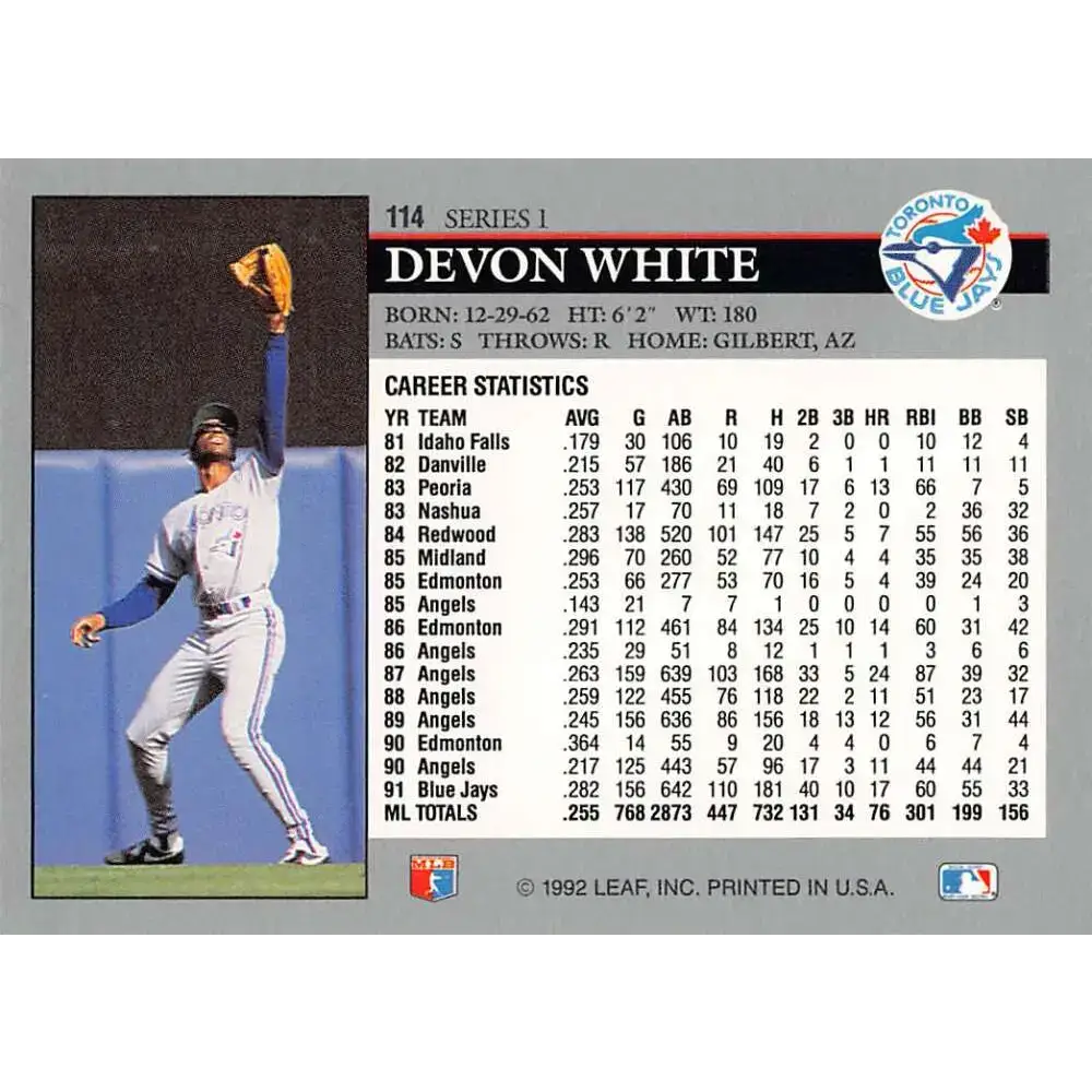 1992 Leaf #114 Devon White NM-MT Toronto Blue Jays Baseball Card - Baseball Card Single