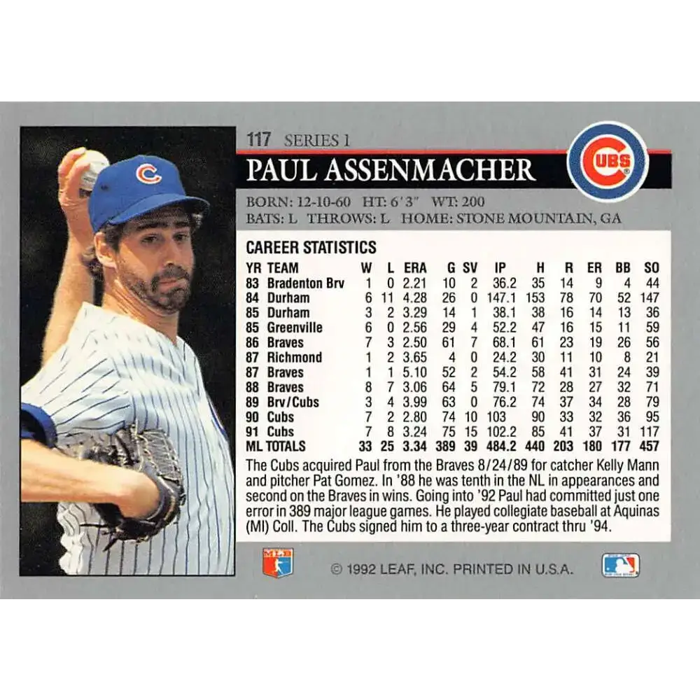 1992 Leaf #117 Paul Assenmacher NM-MT Chicago Cubs Baseball Card - Baseball Card Single