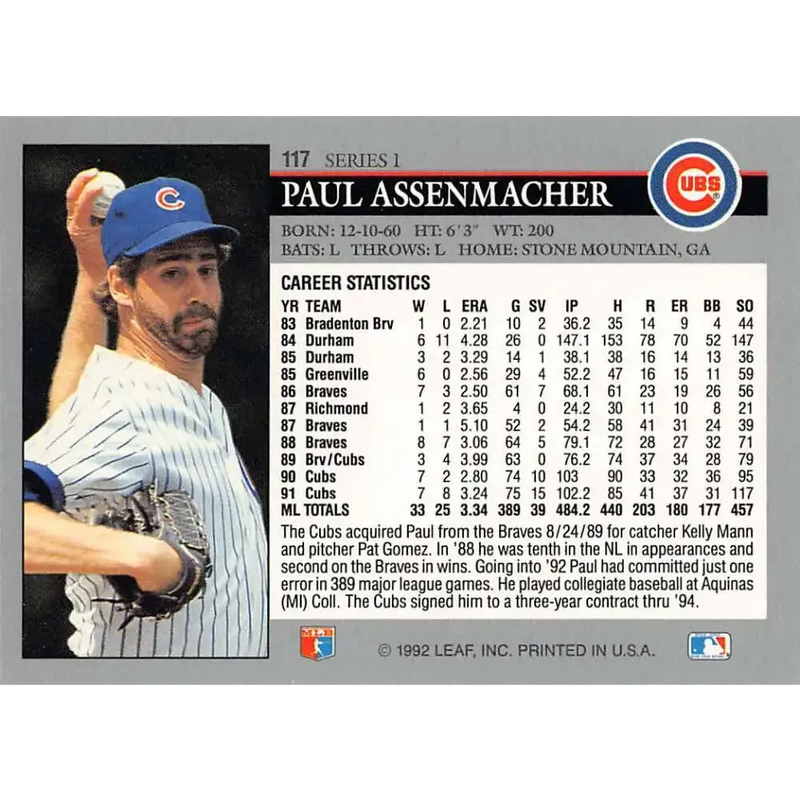 1992 Leaf #117 Paul Assenmacher NM-MT Chicago Cubs Baseball Card - Baseball Card Single