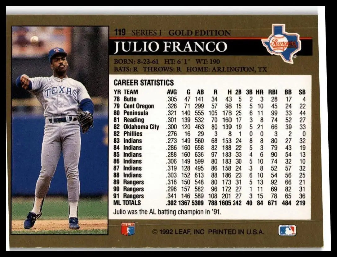 1992 Leaf #119 Julio Franco Black Gold - Baseball Card Single
