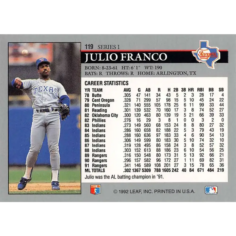 1992 Leaf #119 Julio Franco NM-MT Texas Rangers Baseball Card - Baseball Card Single