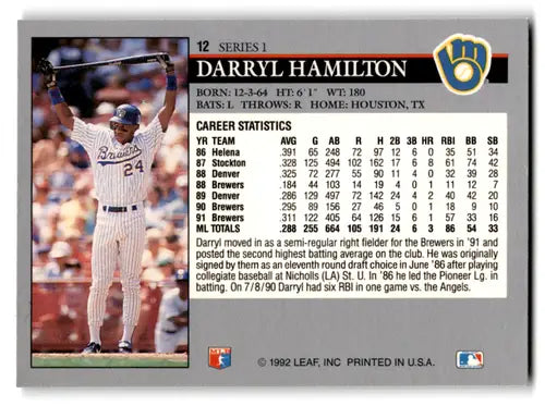 Darryl Hamilton baseball card with original gloss from 1992 Leaf Brewers series