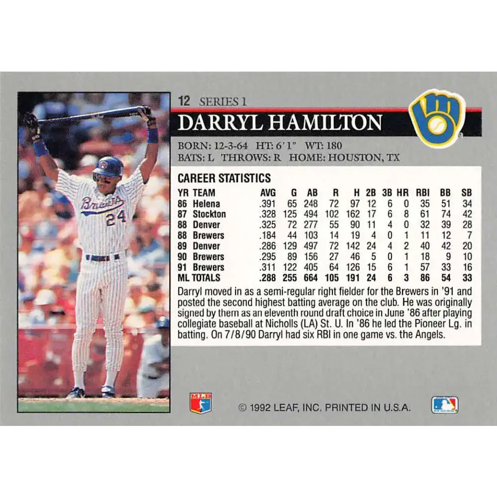 1992 Leaf #12 Darryl Hamilton NM-MT Milwaukee Brewers Baseball Card - Baseball Card Single