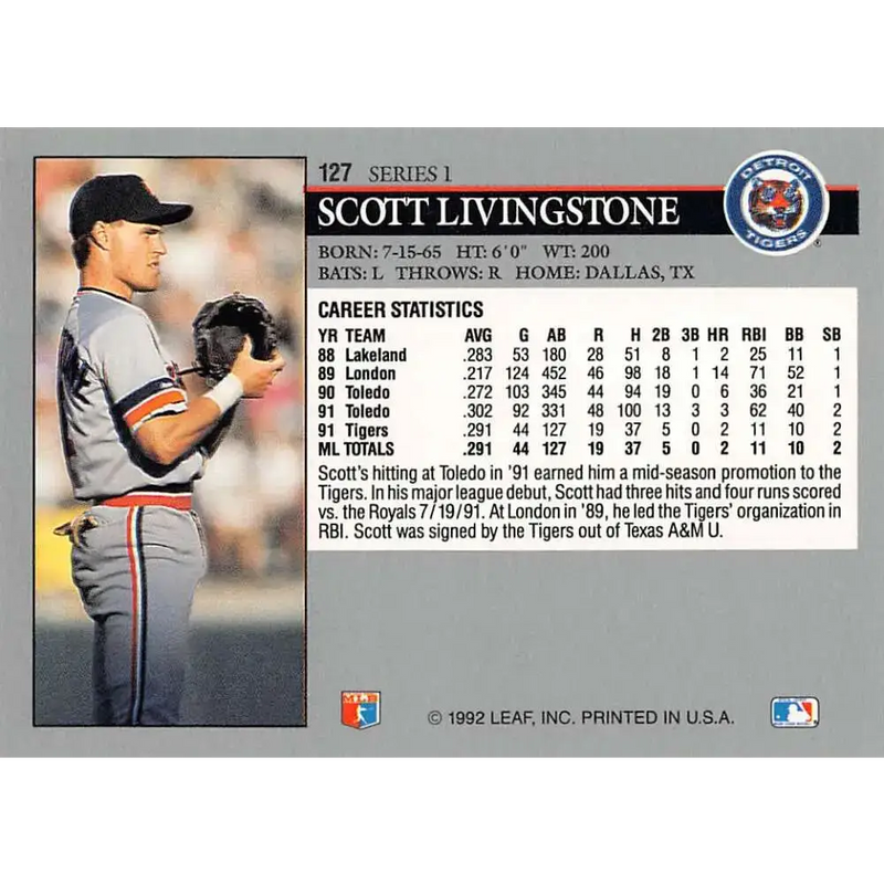 1992 Leaf #127 Scott Livingstone NM-MT Detroit Tigers Baseball Card - Baseball Card Single