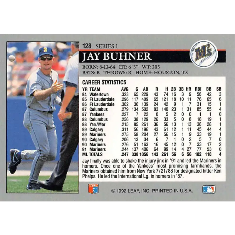 1992 Leaf #128 Jay Buhner NM-MT Seattle Mariners Baseball Card - Baseball Card Single