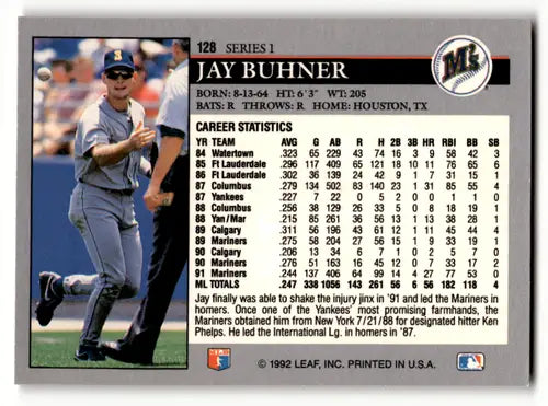 Original gloss Jay Buhner baseball card from 1992 Leaf #128 Mariners ID 64263