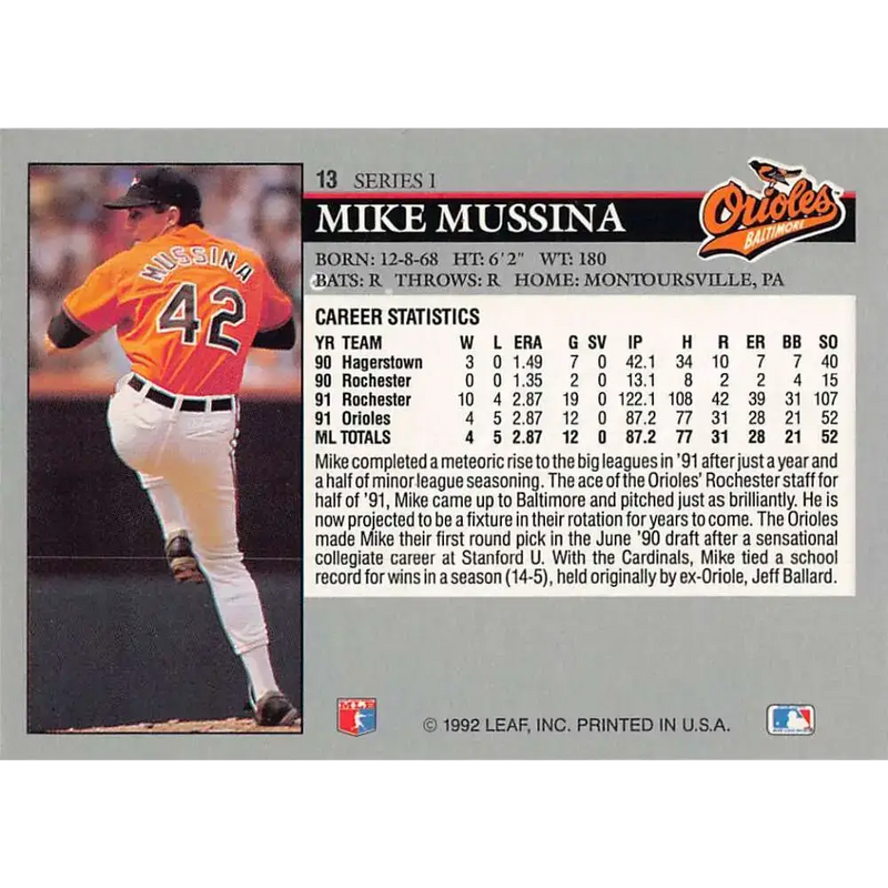 1992 Leaf #13 Mike Mussina NM-MT Baltimore Orioles Baseball Card - Baseball Card Single