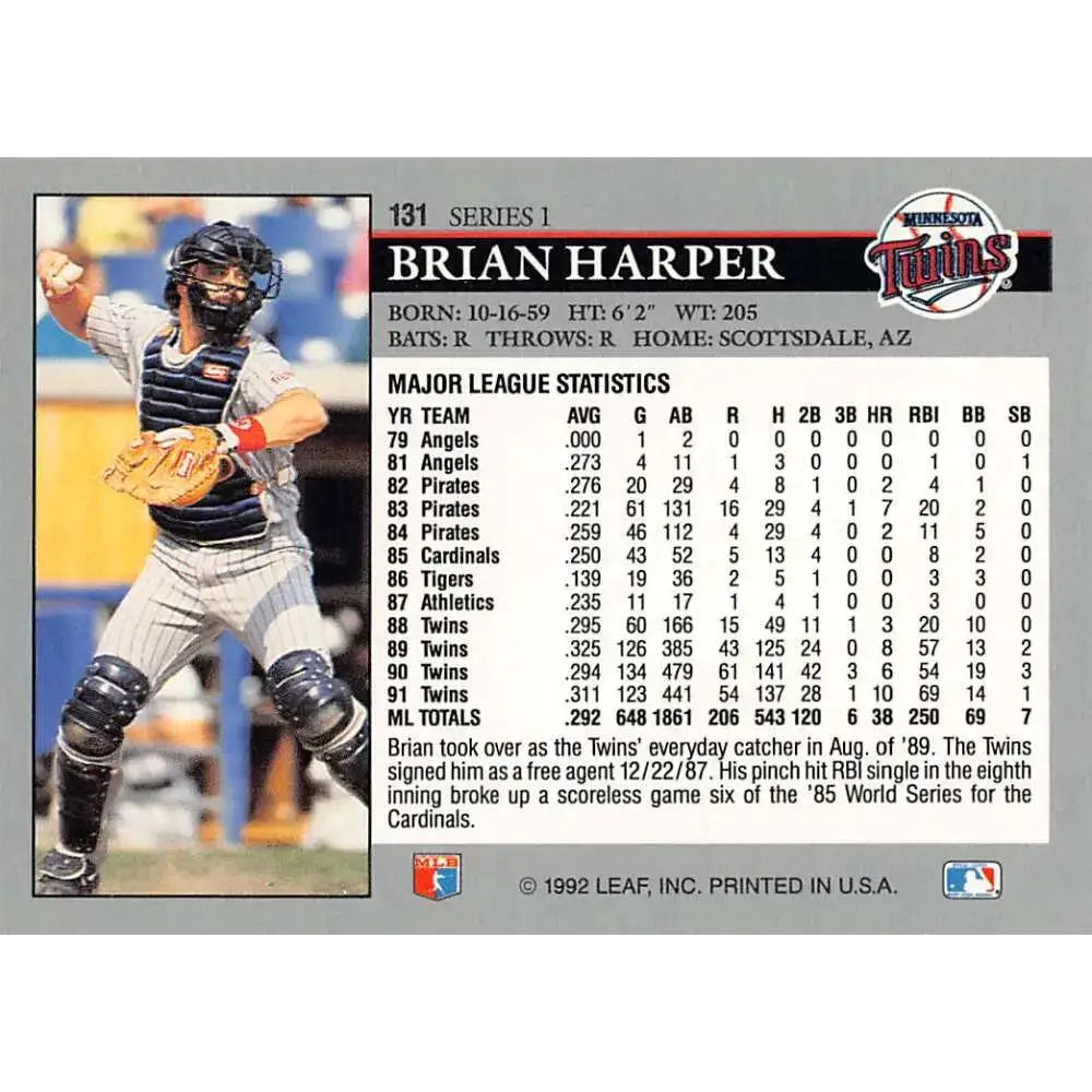 1992 Leaf #131 Brian Harper NM-MT Minnesota Twins Baseball Card - Baseball Card Single