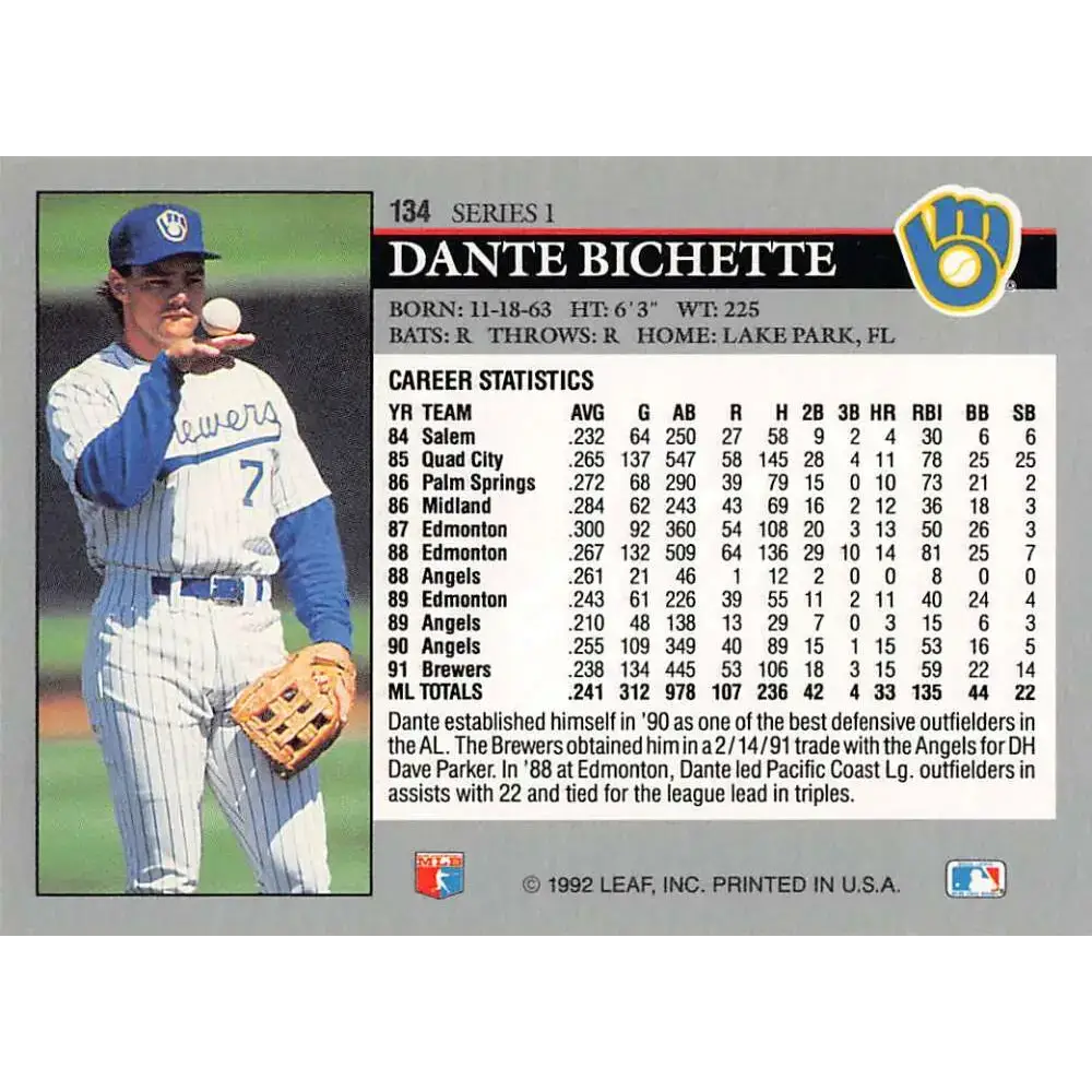 1992 Leaf #134 Dante Bichette NM-MT Milwaukee Brewers Baseball Card - Baseball Card Single