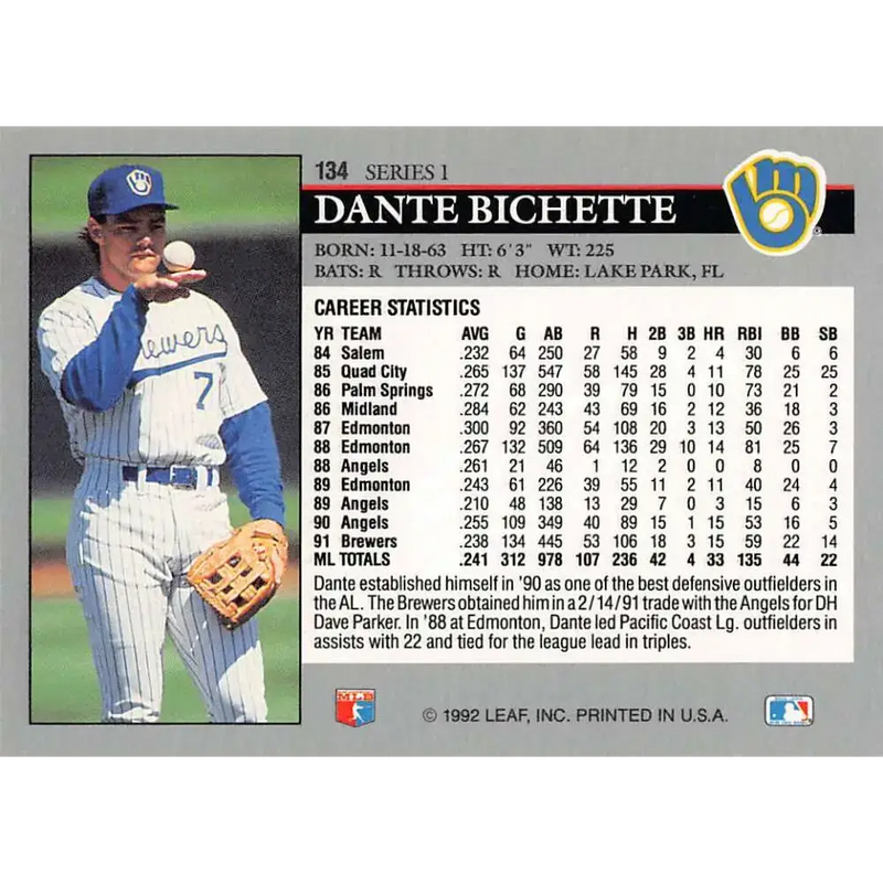 1992 Leaf #134 Dante Bichette NM-MT Milwaukee Brewers Baseball Card - Baseball Card Single