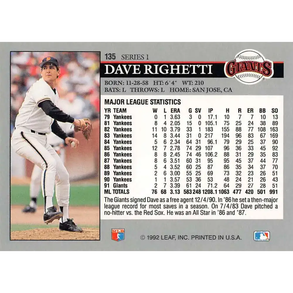 1992 Leaf #135 Dave Righetti NM-MT San Francisco Giants Baseball Card - Baseball Card Single